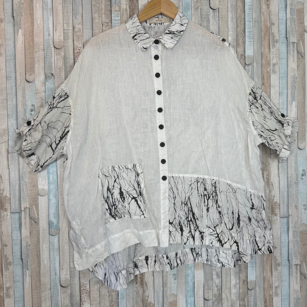 Cheyenne 100% Linen Oversized Abstract Button Down Shirt Top Artsy Lagenlook S/M